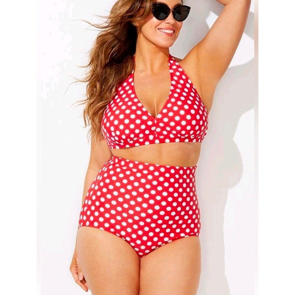 NWT 14/16 Swimsuits For All Red Polka Dot High Waist Halter Bikini 4028-